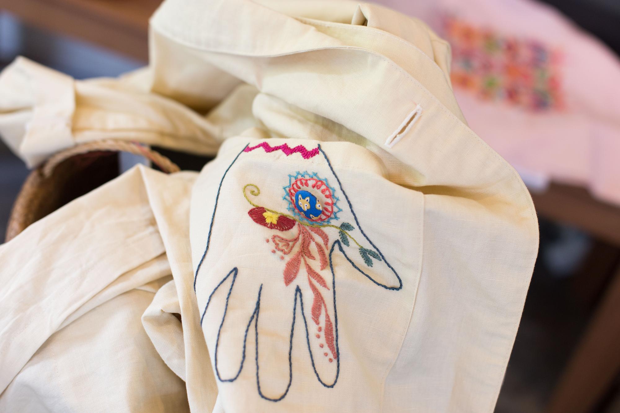linen tote with tonal embroidered motif